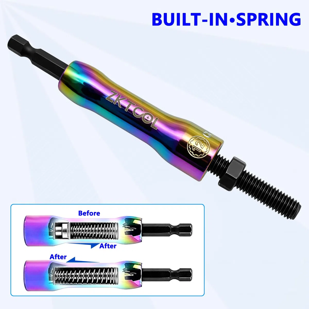 ZKTOOL 5 Pezzi Set di Bussole Magnetiche a Impatto | Adattatore per Bussola per Cacciavite con Attacco Esagonale da 1/4", Bussola da 8-14 mm con Molla Retrattile Integrata