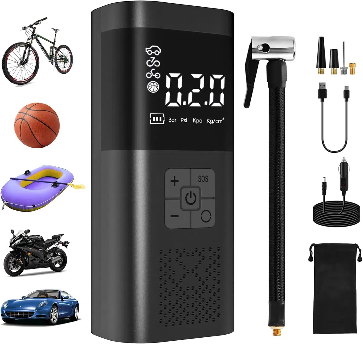 Mini Compressore Aria Portatile Auto, 6000mAh 150PSI Compressore Portatile Gonfiatore Bici Elettrico con Sensore Pressione, Schermo LCD Digitale e Luce LED, 4 Modalità per Auto, Moto, Bicicletta