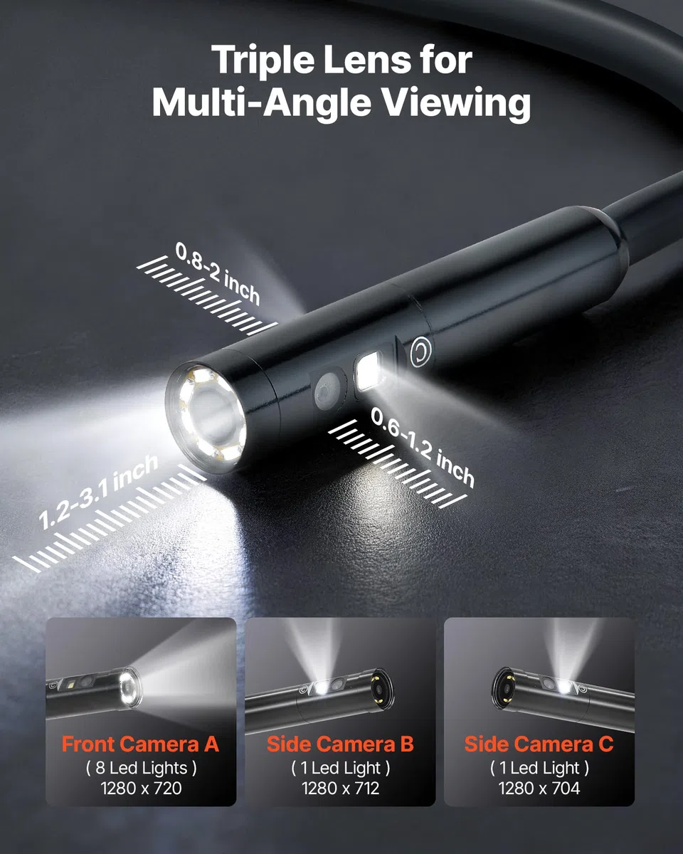 VEVOR Endoscopio Articolato a Tripla Lente, Telecamera Endoscopica Industriale con Luce, Schermo IPS HD da 5'', Zoom 8x, Risoluzione 1280 x 720, Cavo Impermeabile IP67 da 5 m, per Auto e Idraulica