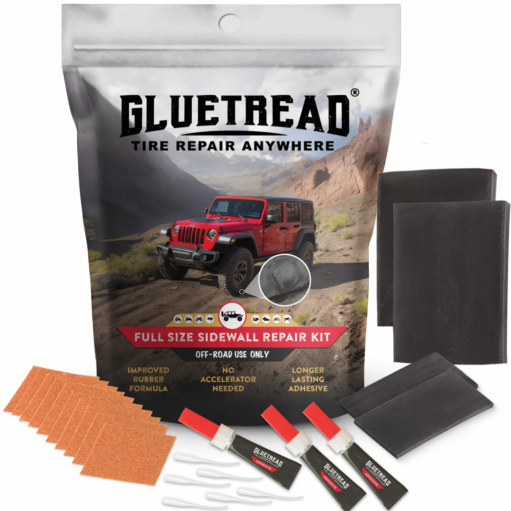 GlueTread, kit di riparazione pneumatici 4 x 4, kit di riparazione pneumatici laterali per veicoli fuoristrada 4x4, formula in gomma migliorata, nessun acceleratore necessario, tempo di asciugatura 10