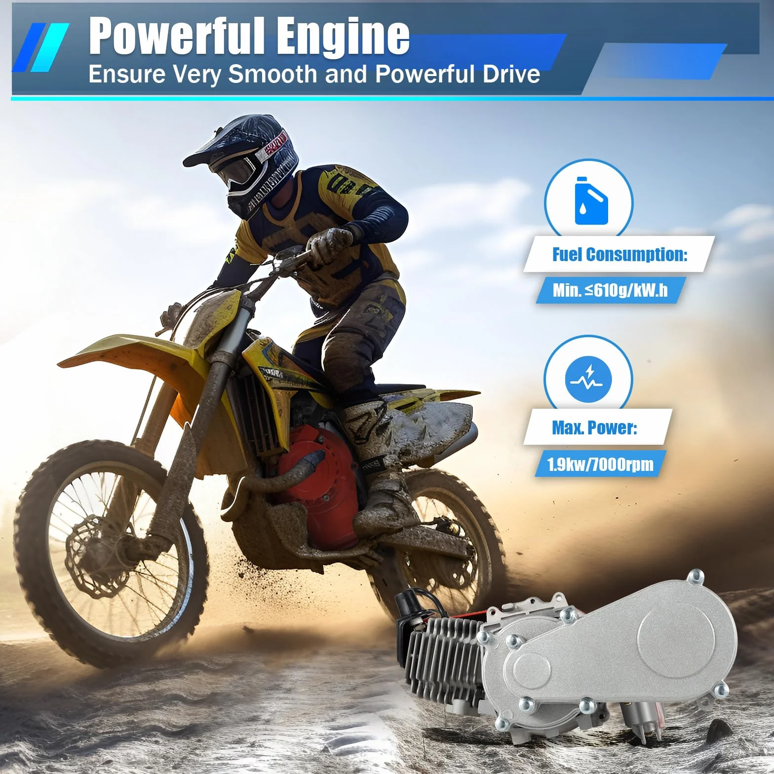 Motore 49cc 2 tempi per minimoto, mini moto da cross, mini quad, motore a benzina raffreddato ad aria in alluminio con 3 CV (2,2 kW), adatto per mini dirt bike, beach bike, ATV o scooter