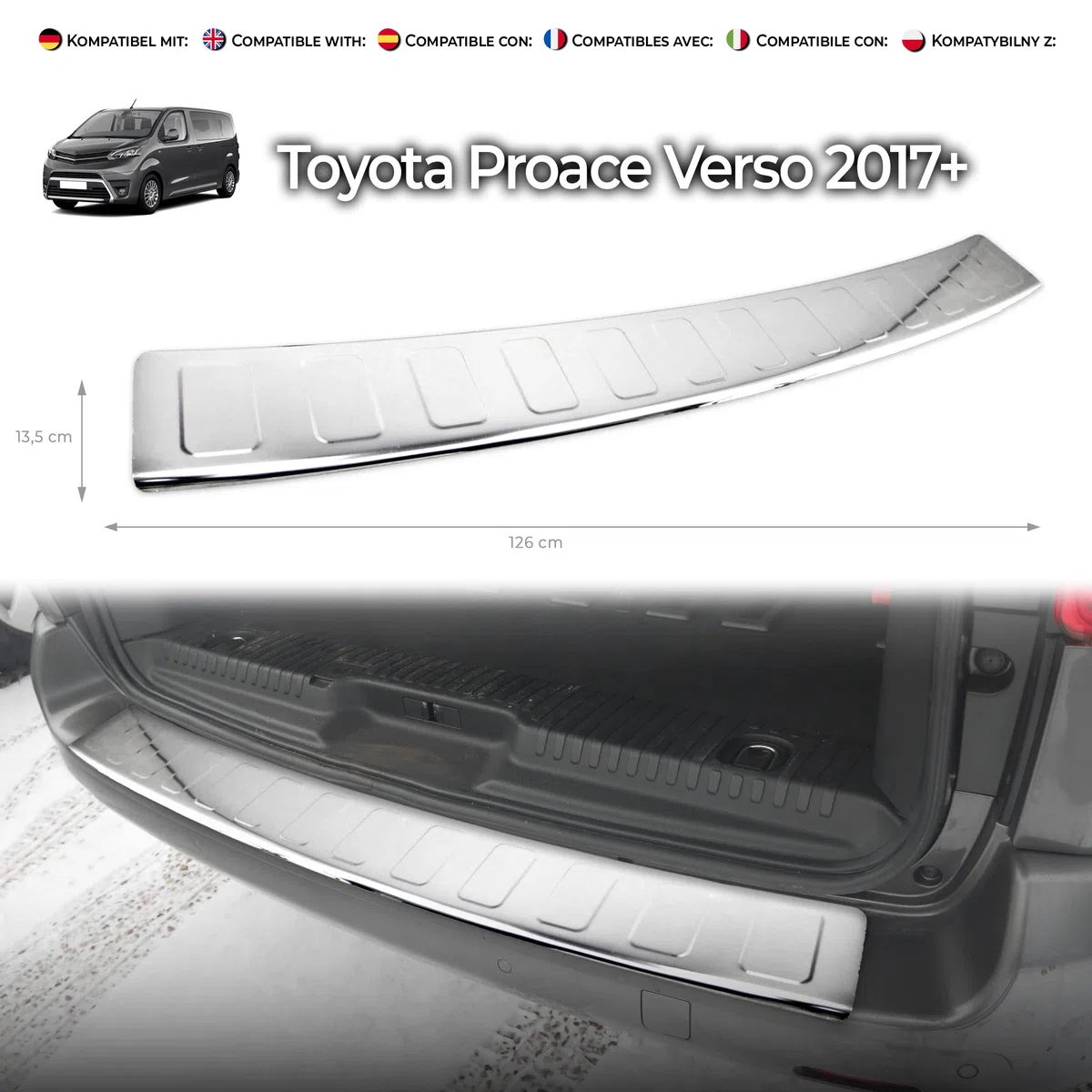 CHROMEMASTER - Accessori per Auto; Protezione paraurti Posteriore - Compatibile con Toyota Proace Verso dal 2017 | Acciaio inossidabile lucidato - Protezione Paraurti Protegge la Vernice del Paraurti
