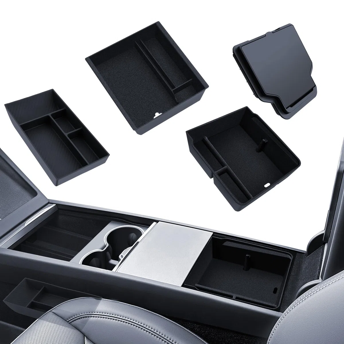 4 Pezzi Accessori per Tesla Model Y 2025-2026 Juniper Organizer Console Centrale, Vassoio Organizer in Silicone, Scatola Portaoggetti Bracciolo e Scatola Nascosta (Floccaggio)