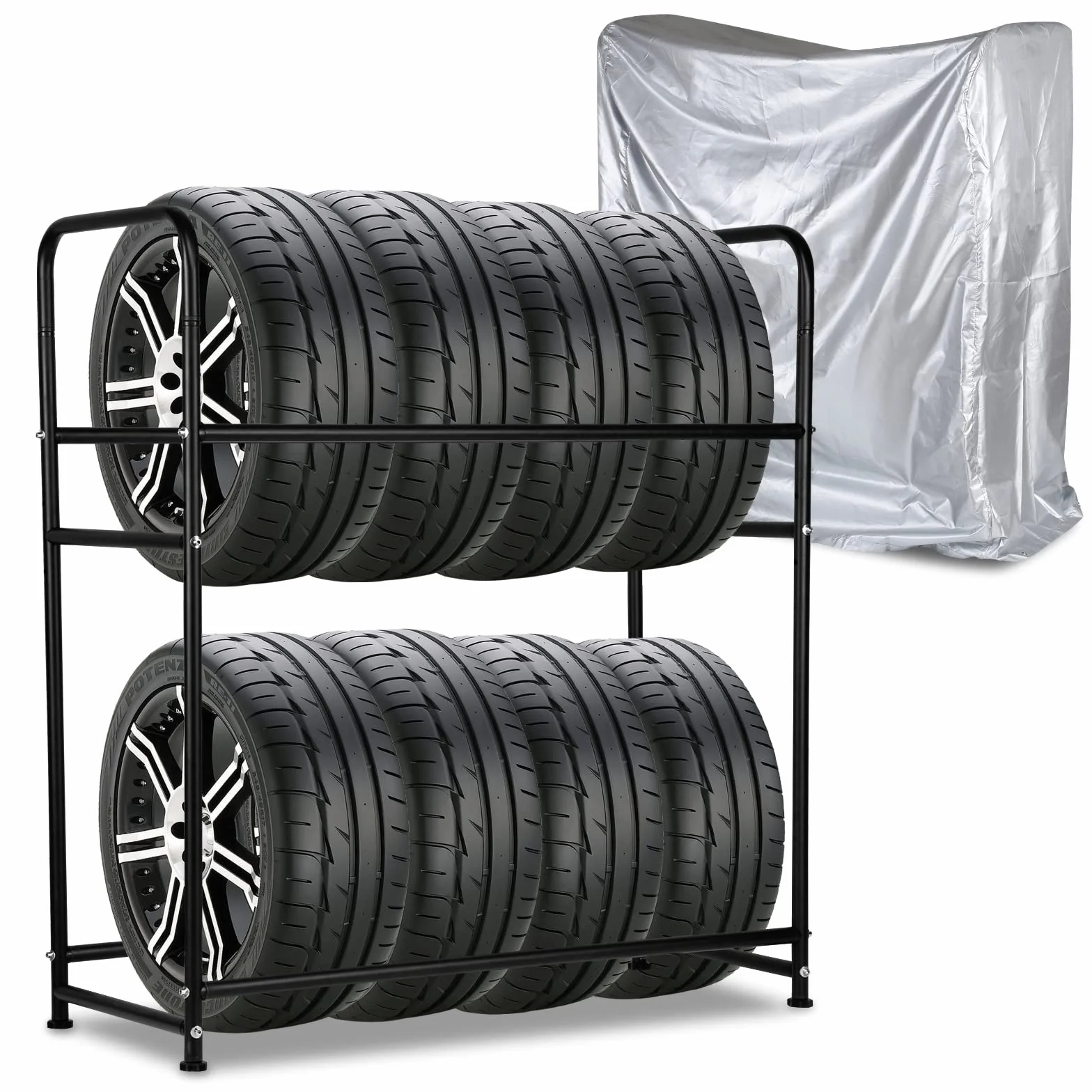 Supporto per 8 Pneumatici, Supporto per Gomme 107 x 46 x 117 cm, Supporto per Cerchi per Pneumatici Auto, Capacità di Carico 180 kg, Supporto per Cerchi con Copertura Protettiva, Regolabile in