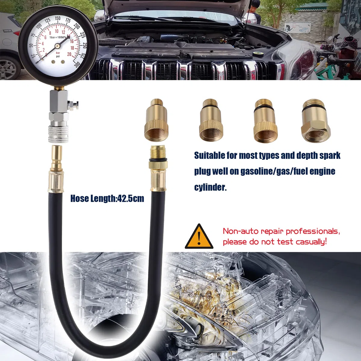 Tester di compressione per auto, Tester di Compressione, Cilindro Compressione Tester Kit Con Custodia, Benzina Motore a Gas Cilindro Compressione Tester Kit