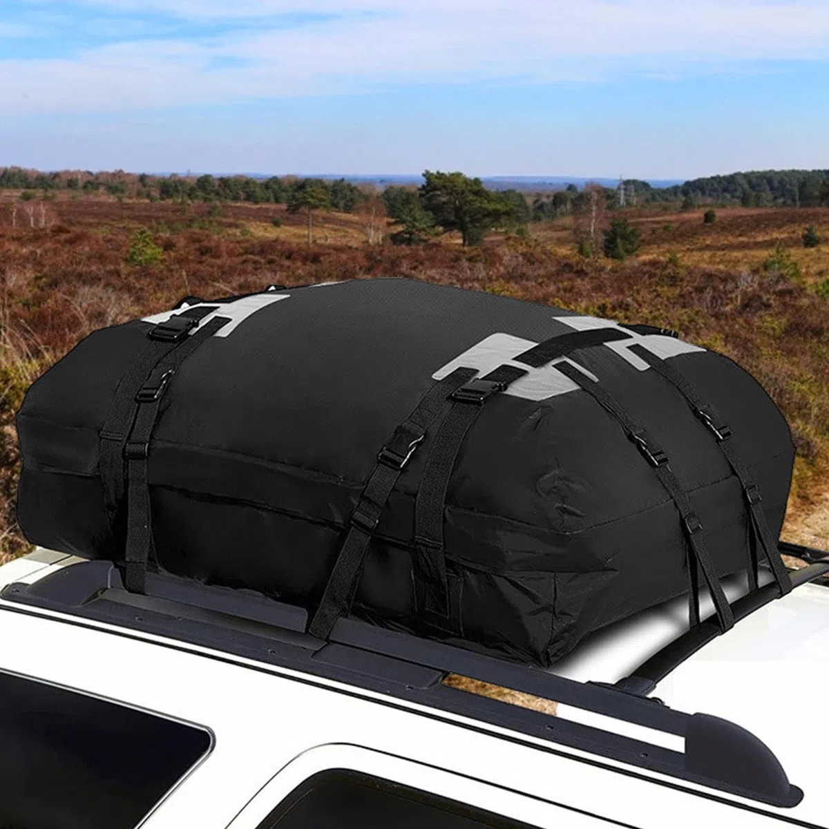Borsa da carico impermeabile - Case di tetto flessibile da 15 piedi cubi | organizzatore superiore per auto in tessuto Oxford, contenitore per bagagli da viaggio pesante con cinturino rinforzato |