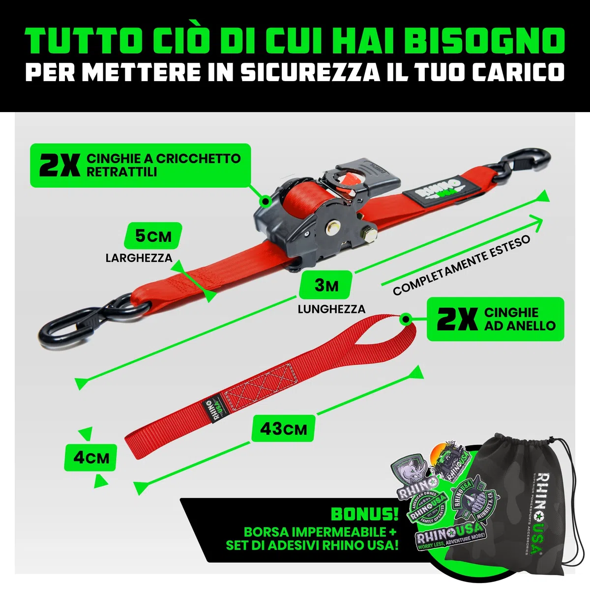Rhino USA Cinghie di tensione retrattili con cricchetto da (confezione da 2) -1360 kg di carico di rottura, incluse (2) automatiche ultimate da 5.0 cm x 3 m con maniglie imbottite - Rossa