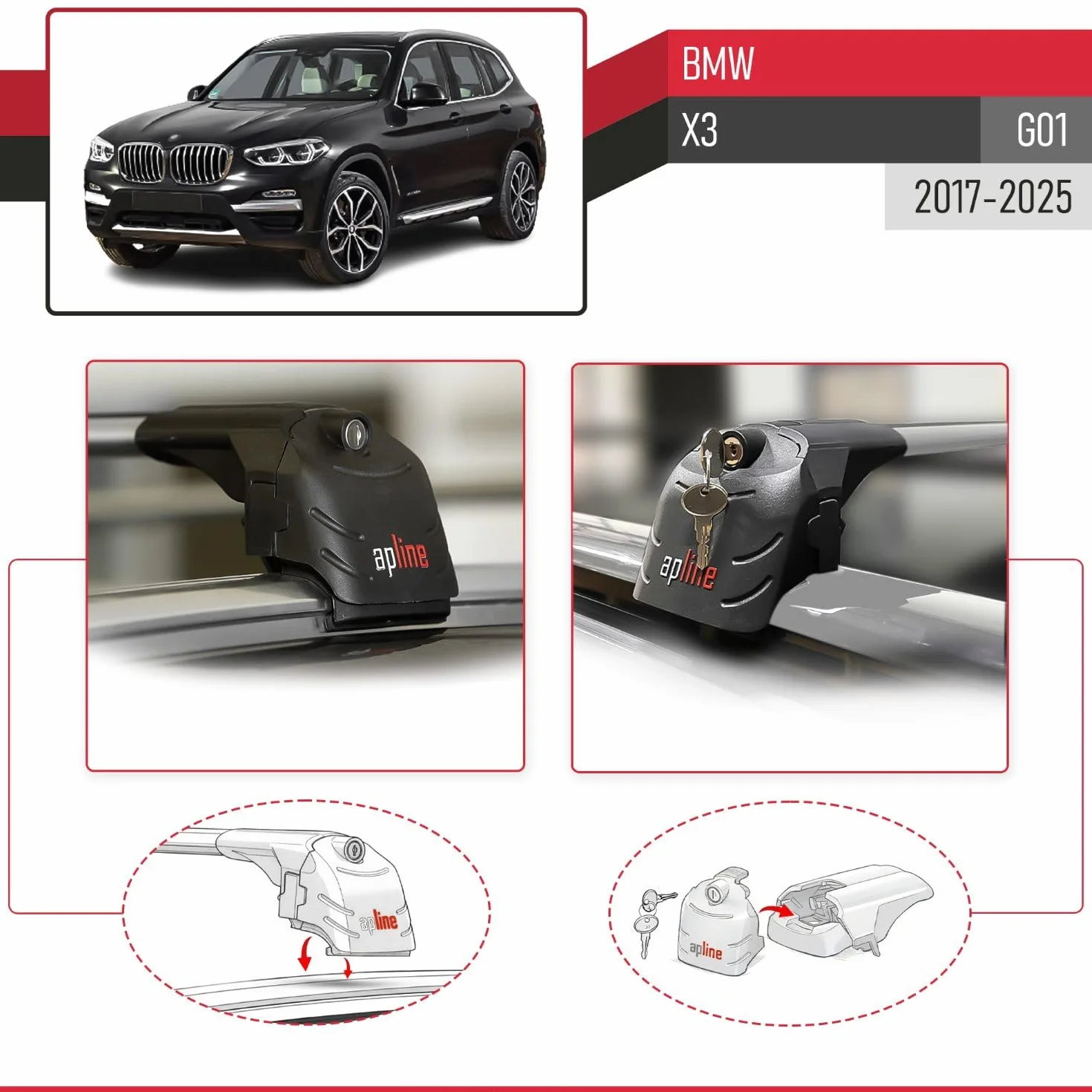 Compatibile con BMW X3 (G01) 2017-2025 Modello ACE-2 Barre Tetto Portapacchi Auto Barre Portatutto Grigio Alluminio 2 Barre
