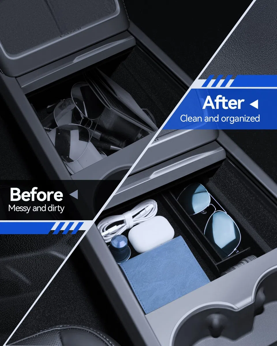 4 Pezzi Accessori per Tesla Model Y 2025-2026 Juniper Organizer Console Centrale, Vassoio Organizer in Silicone, Scatola Portaoggetti Bracciolo e Scatola Nascosta (Floccaggio)