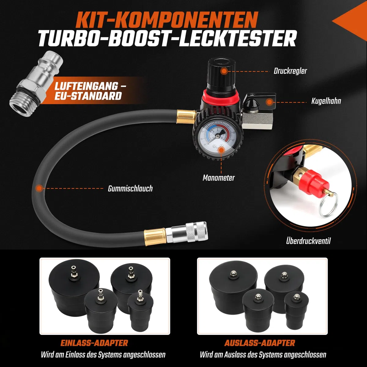 GEARMONSTER 9 pezzi turbocompressore aria di carica, set di adattatori per intercooler, set di intercooler, strumenti di prova per tubi dell'aria di carica, turbocompressori e sistemi di compressore