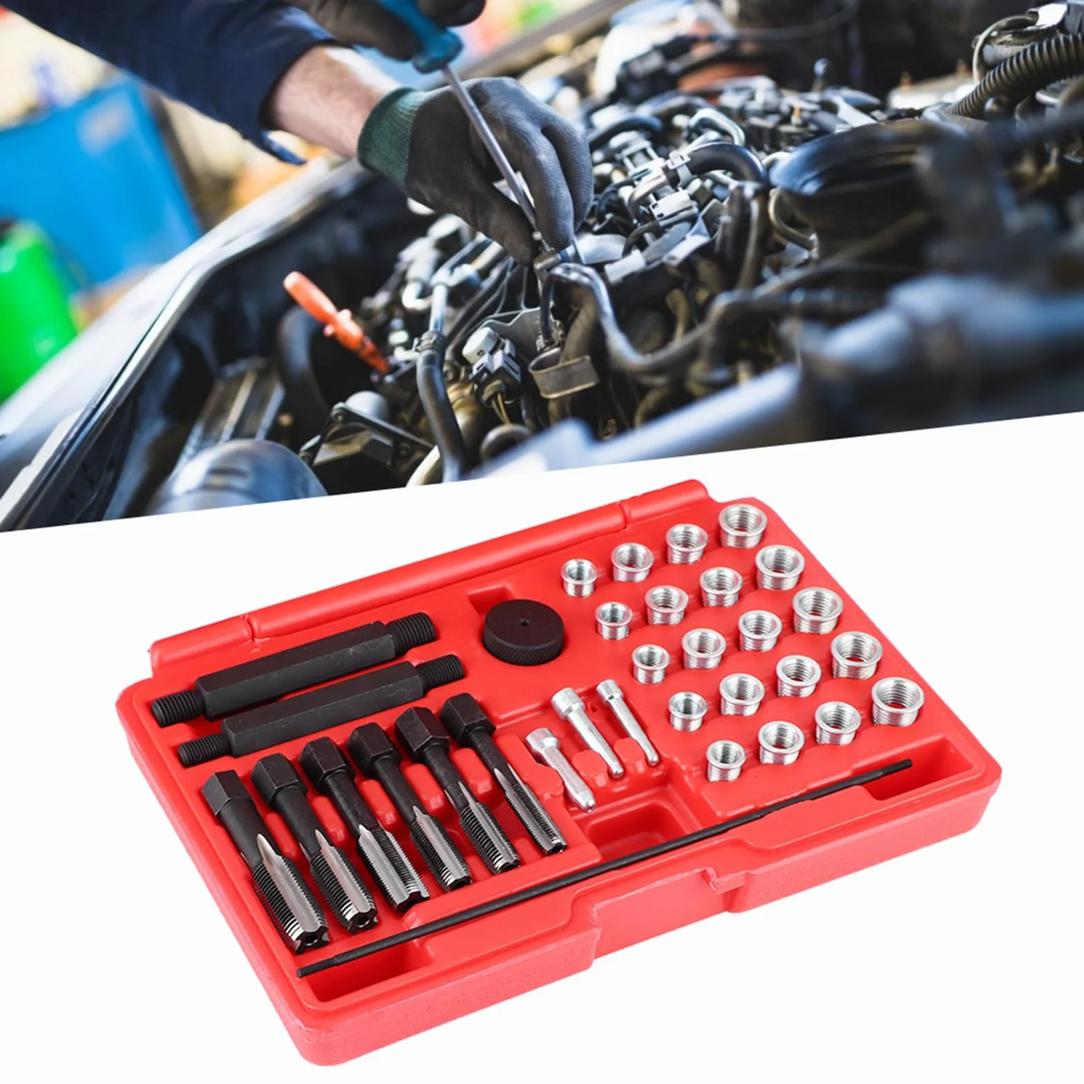 Kit di Riparazione Filettatura 33 Pezzi, Kit di Riparazione Testa Zigrinata per Candelette Set di Filettatura Candele Rimedio Rapido Ed Efficace con Adattatori Filettati di 4 Dimensioni,