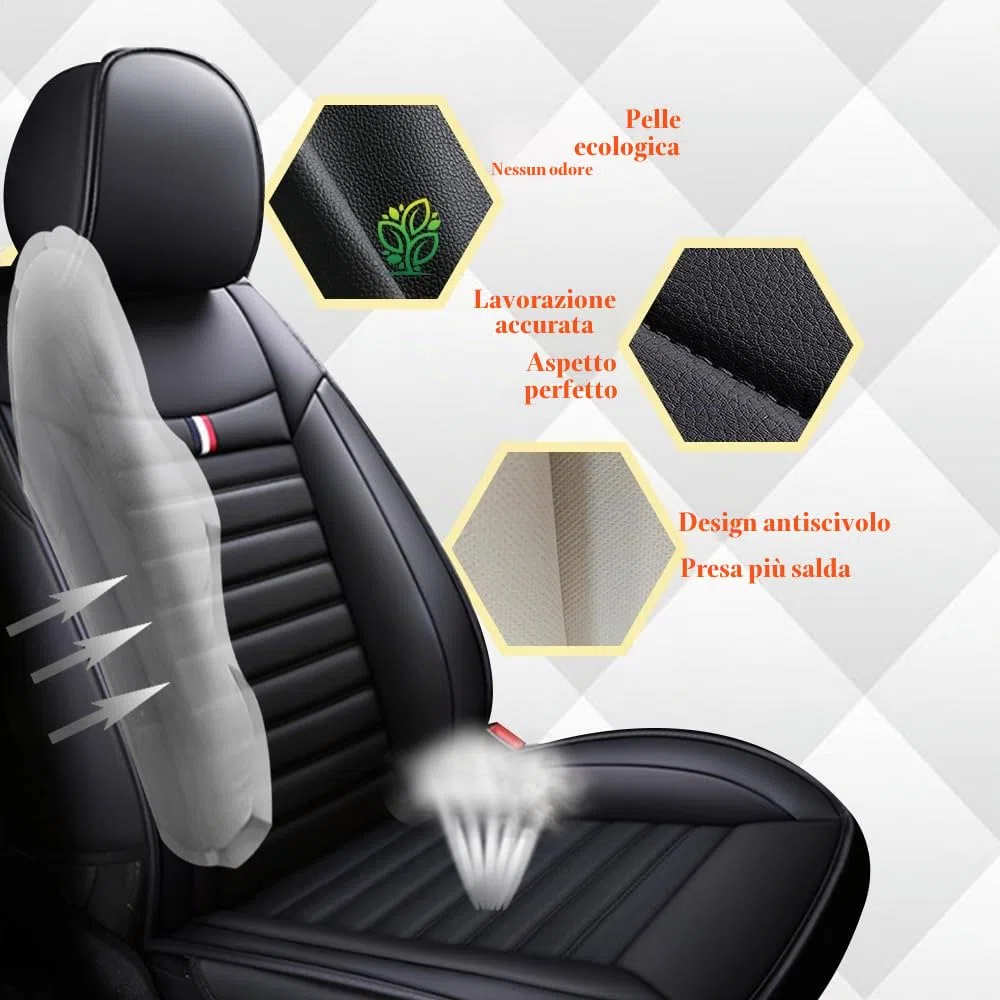 Per Renault Captur Clio Kadjar Koleos Megane Twingo, set di 5 coprisedili universali in pelle, traspiranti, antisporco, resistenti all'usura (nero)