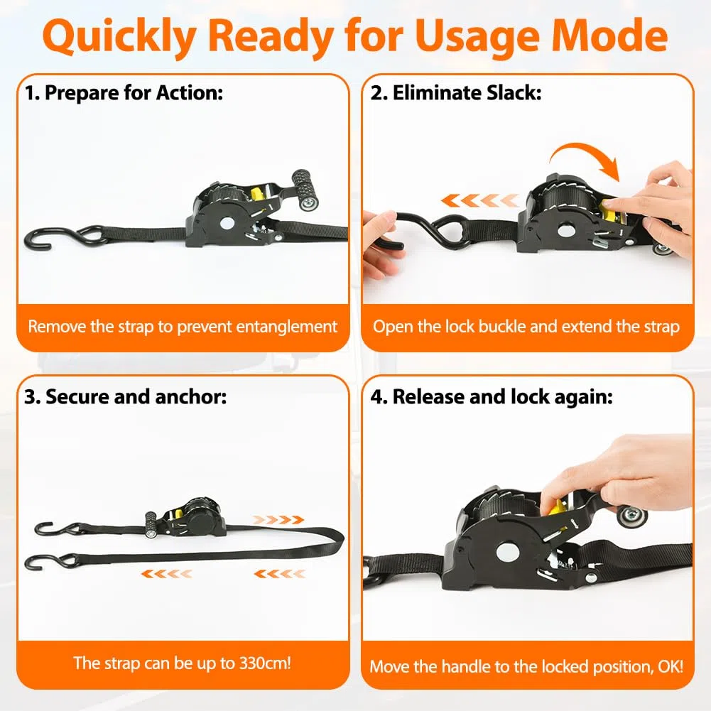 Cinghie di ancoraggio a cricchetto retrattili, 4 Pcs Cinghie di Tensione, Cinghia di tensionamento automatica 3.3m x 2.5cm, resistenza alla rottura massima di 680 kg,con gancio S, per Moto,Auto