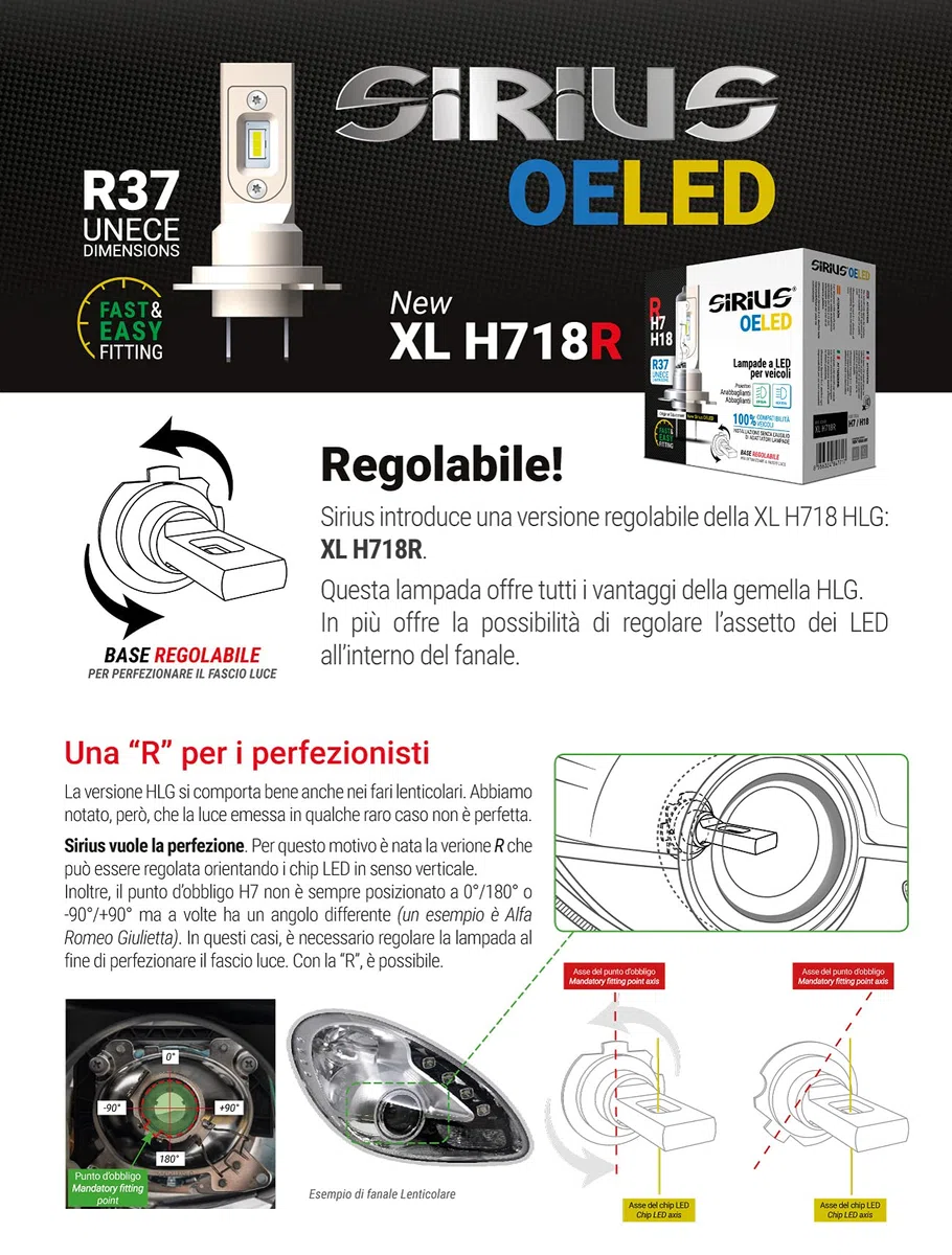 SIRIUS LED H7 H18 R DIMENSIONI ORIGINALI 6000K auto, ICE WHITE NO ADATTATORI