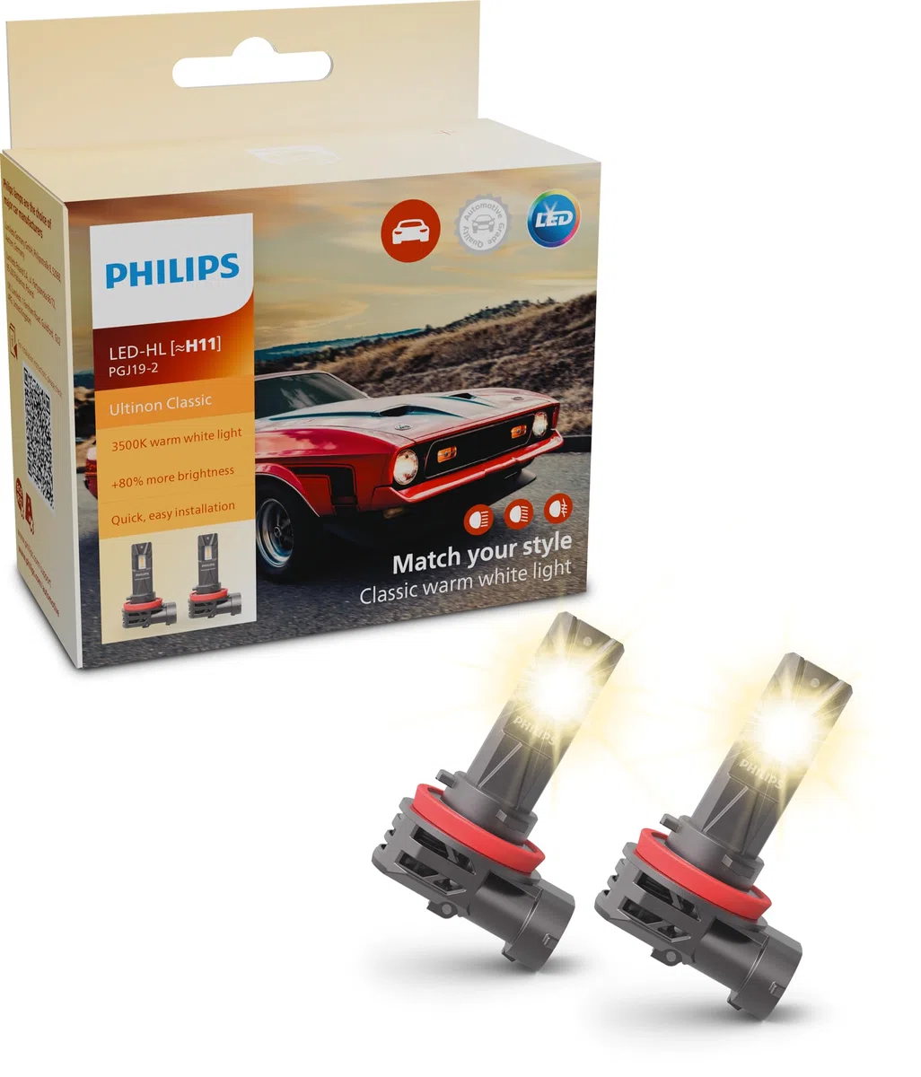 Philips Ultinon Classic lampadina LED per fari auto (H11), luce bianca calda 3.500K, luce colorata alogena, 80% di luminosità in più, lampadina LED facile da montare, set da 2