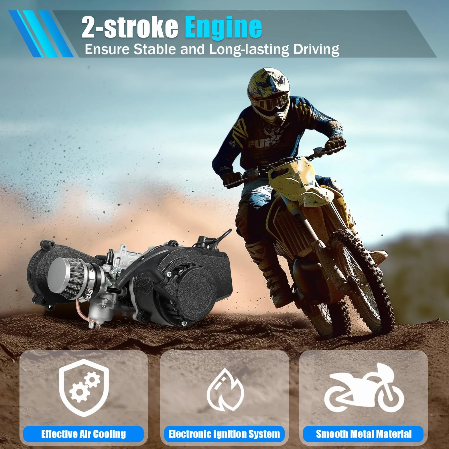 Motore 2 tempi 49 cc Pocket Bike con raffreddamento ad aria e carburatore, motore monocilindrico a benzina con avviamento a fune, potente kit motore per veicoli fuoristrada e scooter