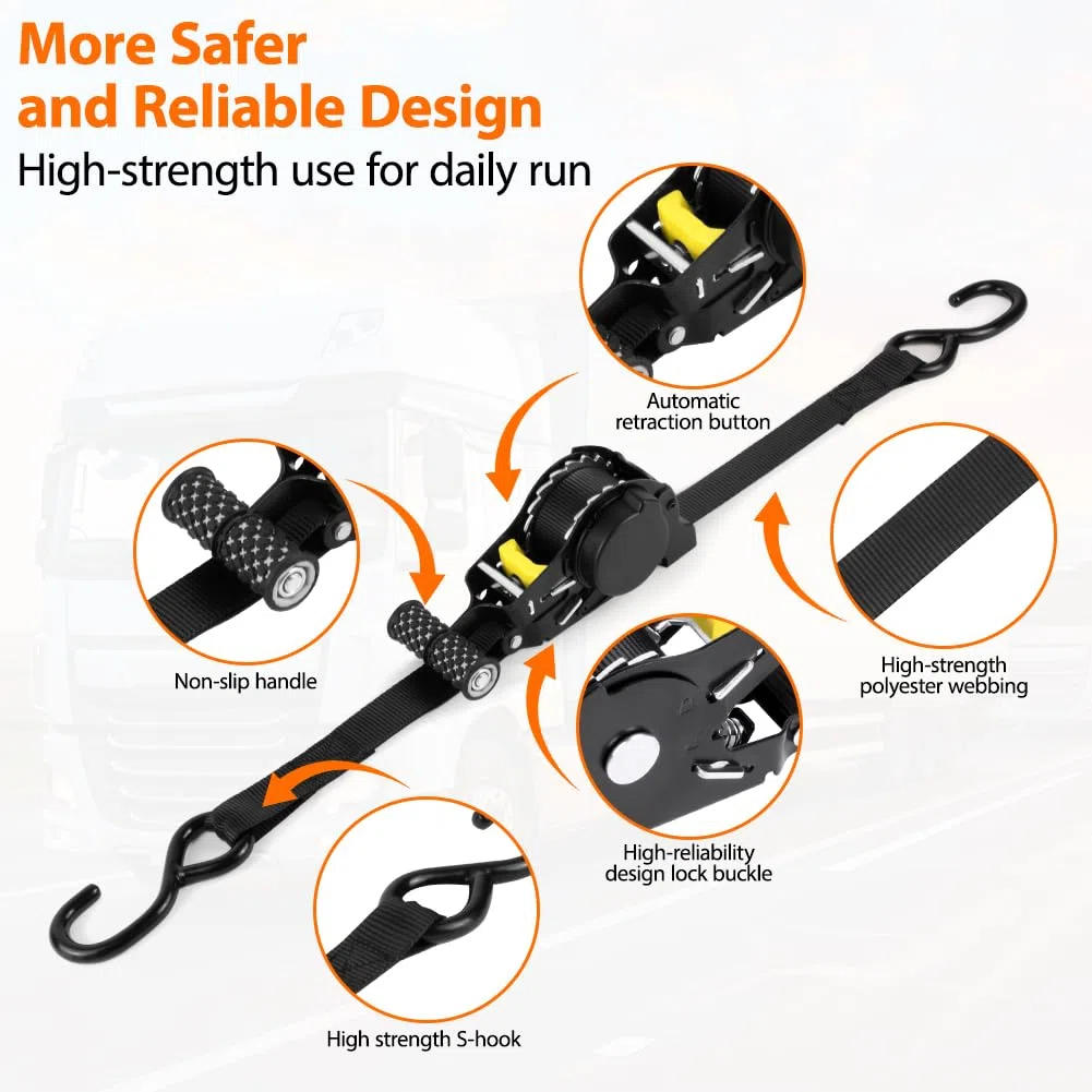 Cinghie di ancoraggio a cricchetto retrattili, 4 Pcs Cinghie di Tensione, Cinghia di tensionamento automatica 3.3m x 2.5cm, resistenza alla rottura massima di 680 kg,con gancio S, per Moto,Auto