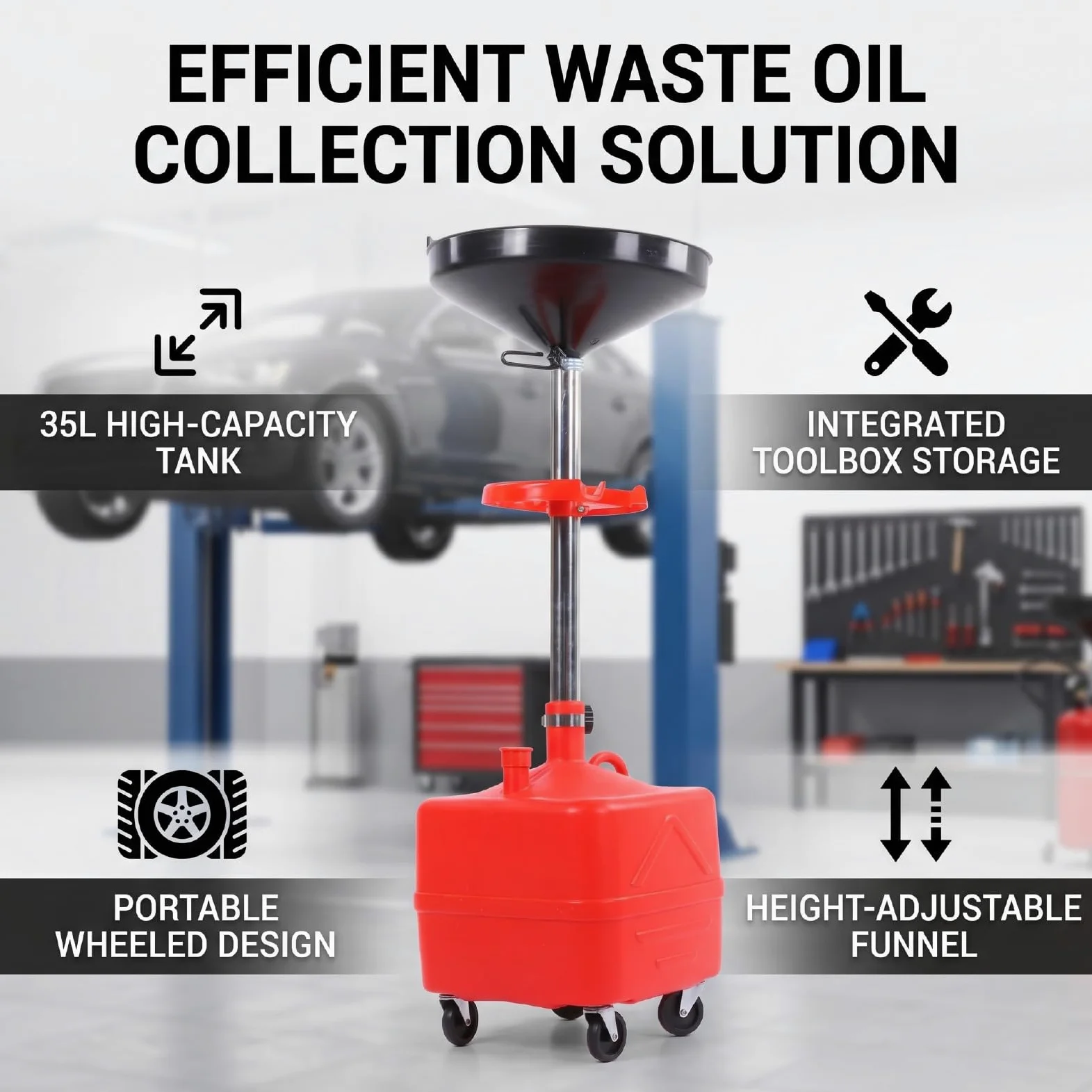 Serbatoio di Scarico Dell'olio Esausto da 35 Litri con Cassetta degli Attrezzi Integrata Altezza Regolabile per Meccanici e Officine di Automobili Design in Metallo Resistente