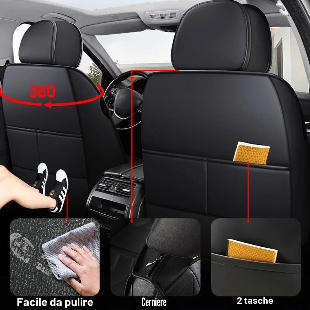 Per Renault Captur Clio Kadjar Koleos Megane Twingo, set di 5 coprisedili universali in pelle, traspiranti, antisporco, resistenti all'usura (nero)