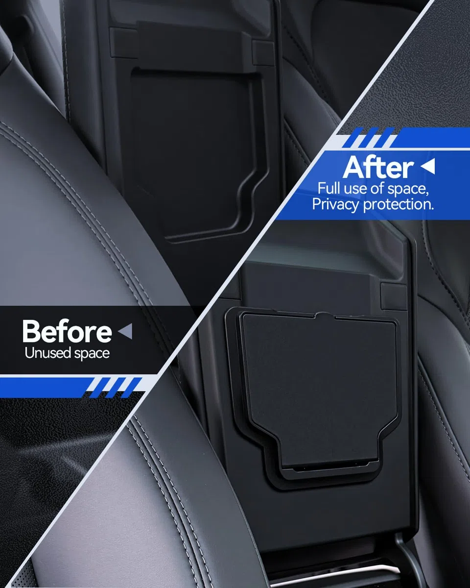 4 Pezzi Accessori per Tesla Model Y 2025-2026 Juniper Organizer Console Centrale, Vassoio Organizer in Silicone, Scatola Portaoggetti Bracciolo e Scatola Nascosta (Floccaggio)
