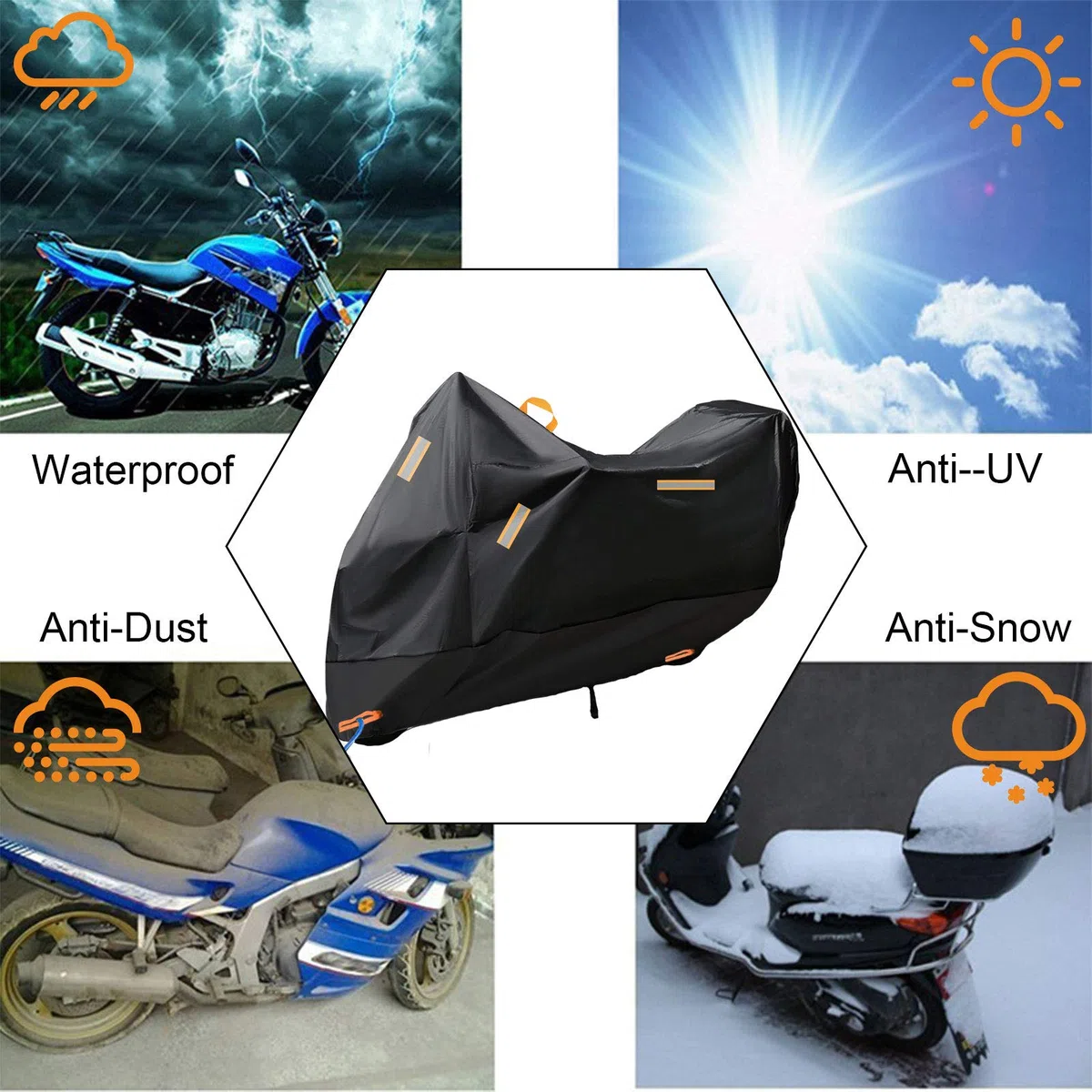300D Telo Moto Coprimoto, Addensare Telo Impermeabile Esterno per Moto/Scooter, esterno Telone Moto con 4 Strisce Riflettenti e 2 fori di bloccaggio 295 * 110 * 140cm