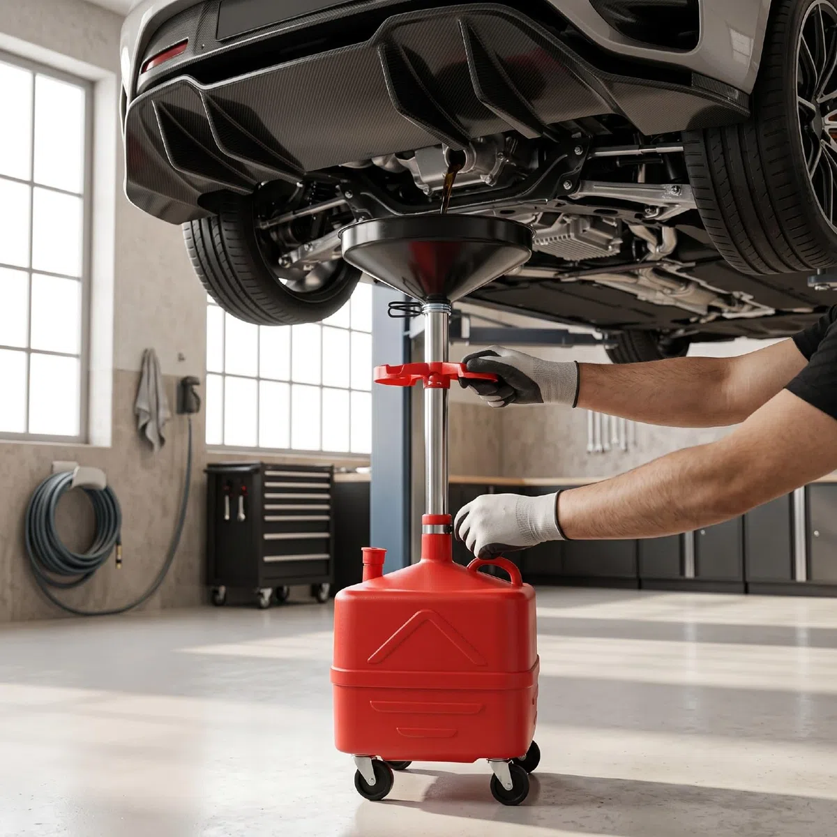 Serbatoio di Scarico Dell'olio Esausto da 35 Litri con Cassetta degli Attrezzi Integrata Altezza Regolabile per Meccanici e Officine di Automobili Design in Metallo Resistente