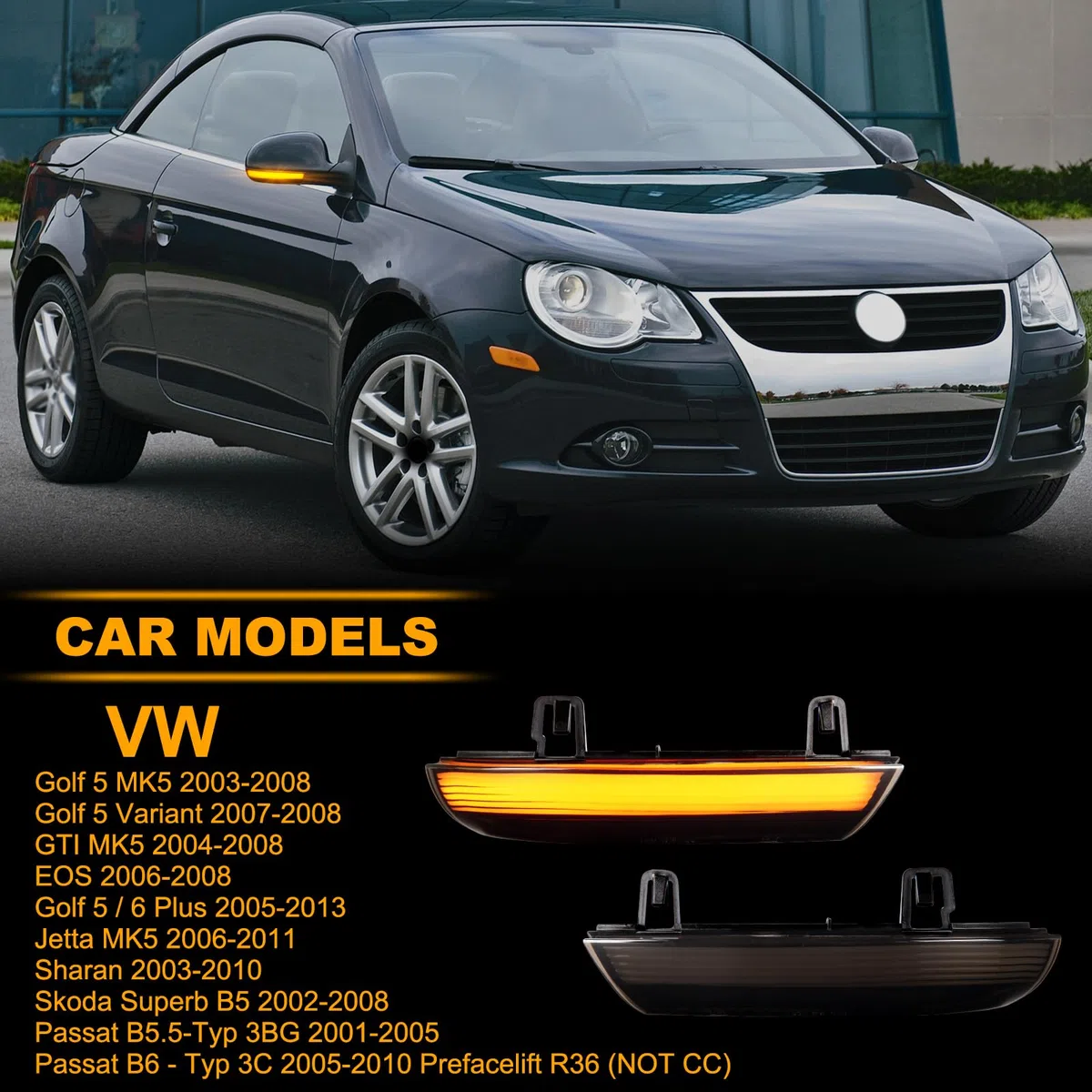 Frecce Laterale a LED per VW Golf 5 MK5 EOS Golf 6 Plus Jetta Passat B5.5-Typ 3BG B6 - Typ 3C Sharan Skoda Superb B5, Indicatori di Direzione Laterale a LED Canbus Nero 2 Pezzi