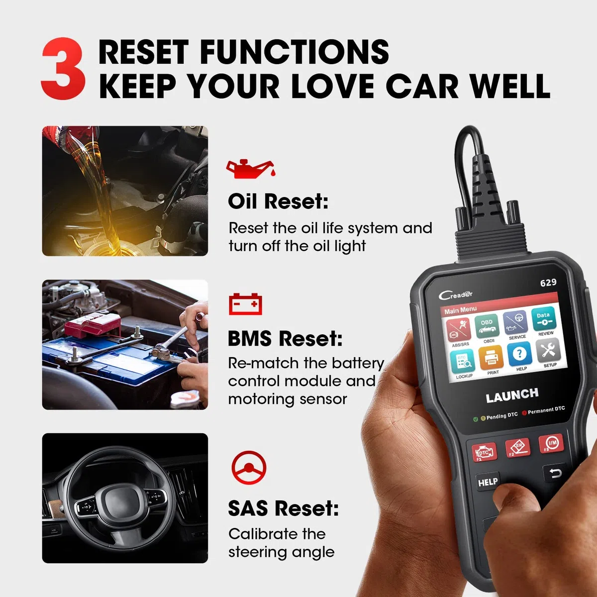 LAUNCH CR629 OBD2 Auto Diagnostica ABS SRS Test Attivo Reset Olio SAS BMS | Diagnostica ABS/SRS e test attivo, 3 reset, funzioni OBD2 complete, ampia compatibilità, 8 lingue