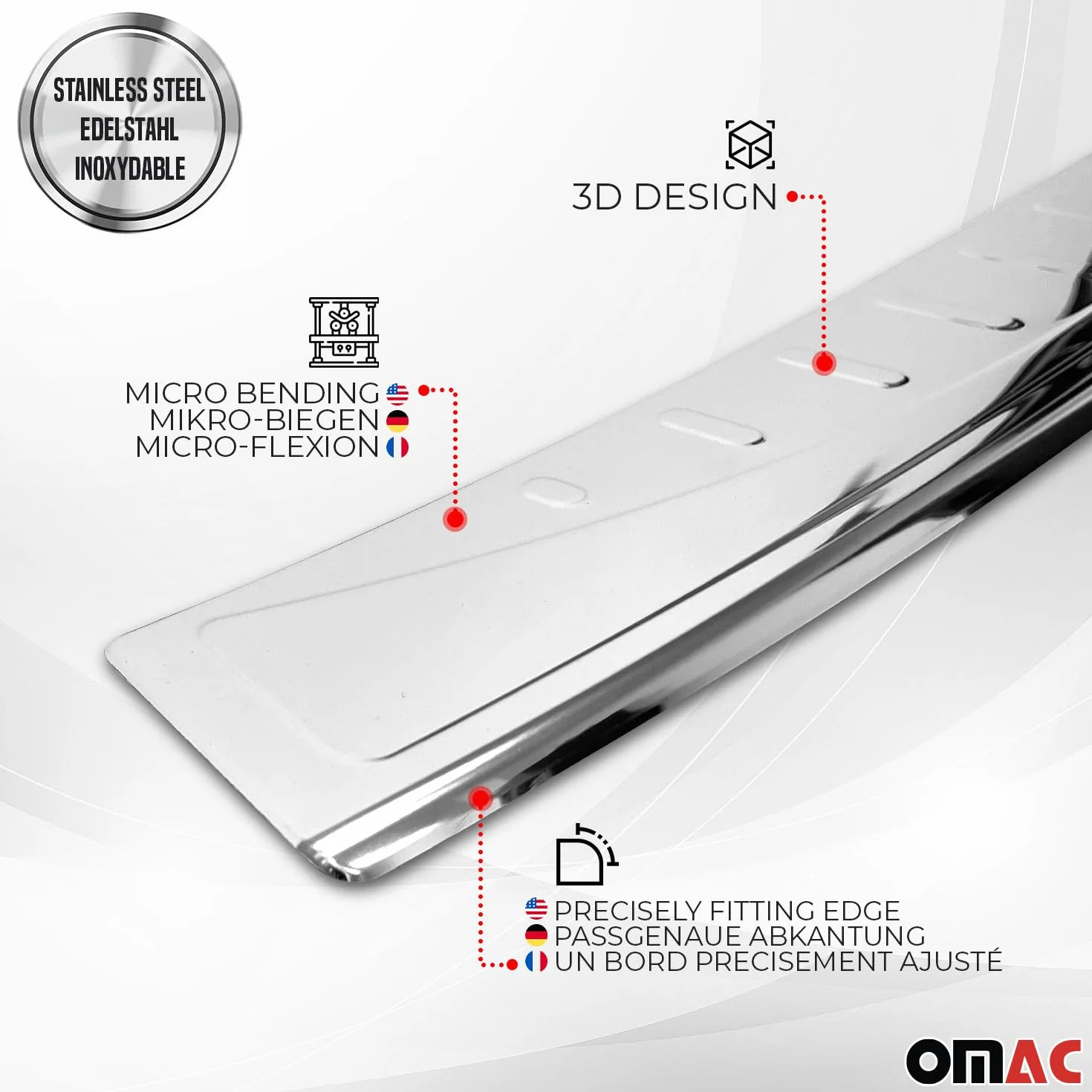 OMAC Protezione Soglia Baule Protezione Paraurti compatibile con VW T7 Multivan 2021-2026 Cromato Acciaio Inox Argento