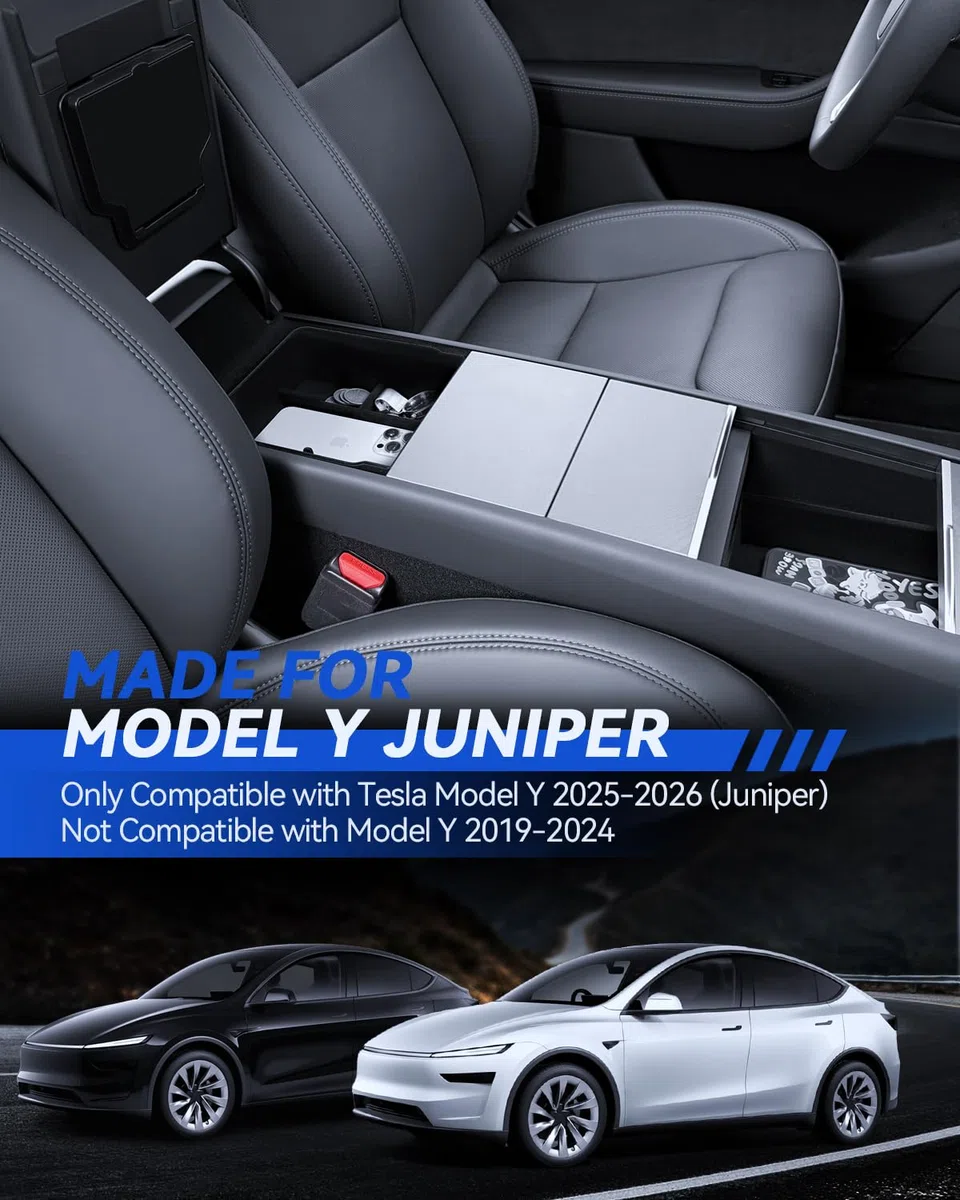 4 Pezzi Accessori per Tesla Model Y 2025-2026 Juniper Organizer Console Centrale, Vassoio Organizer in Silicone, Scatola Portaoggetti Bracciolo e Scatola Nascosta (Floccaggio)
