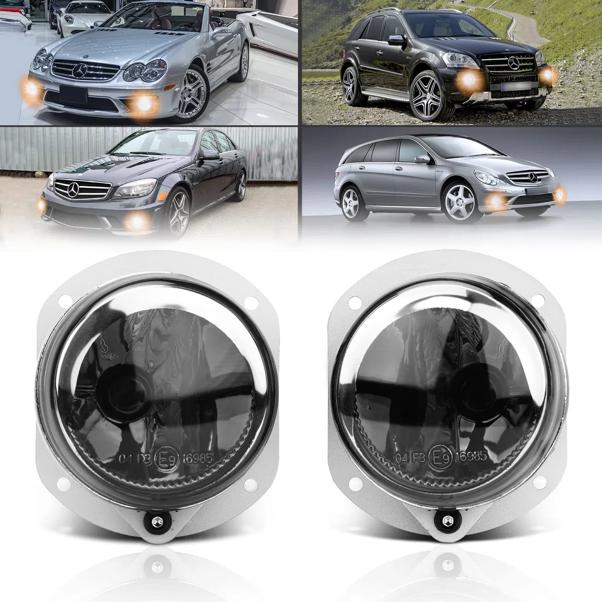 Fendinebbia compatibile con Mercedes Benz W164 W251 V251 R230 C209 C216 A209 S204 W204 W211, (Classe C CLK E M R S SL), 2002-2014, adatto solo per paraurti pacchetto AMG (Fumo Nero)