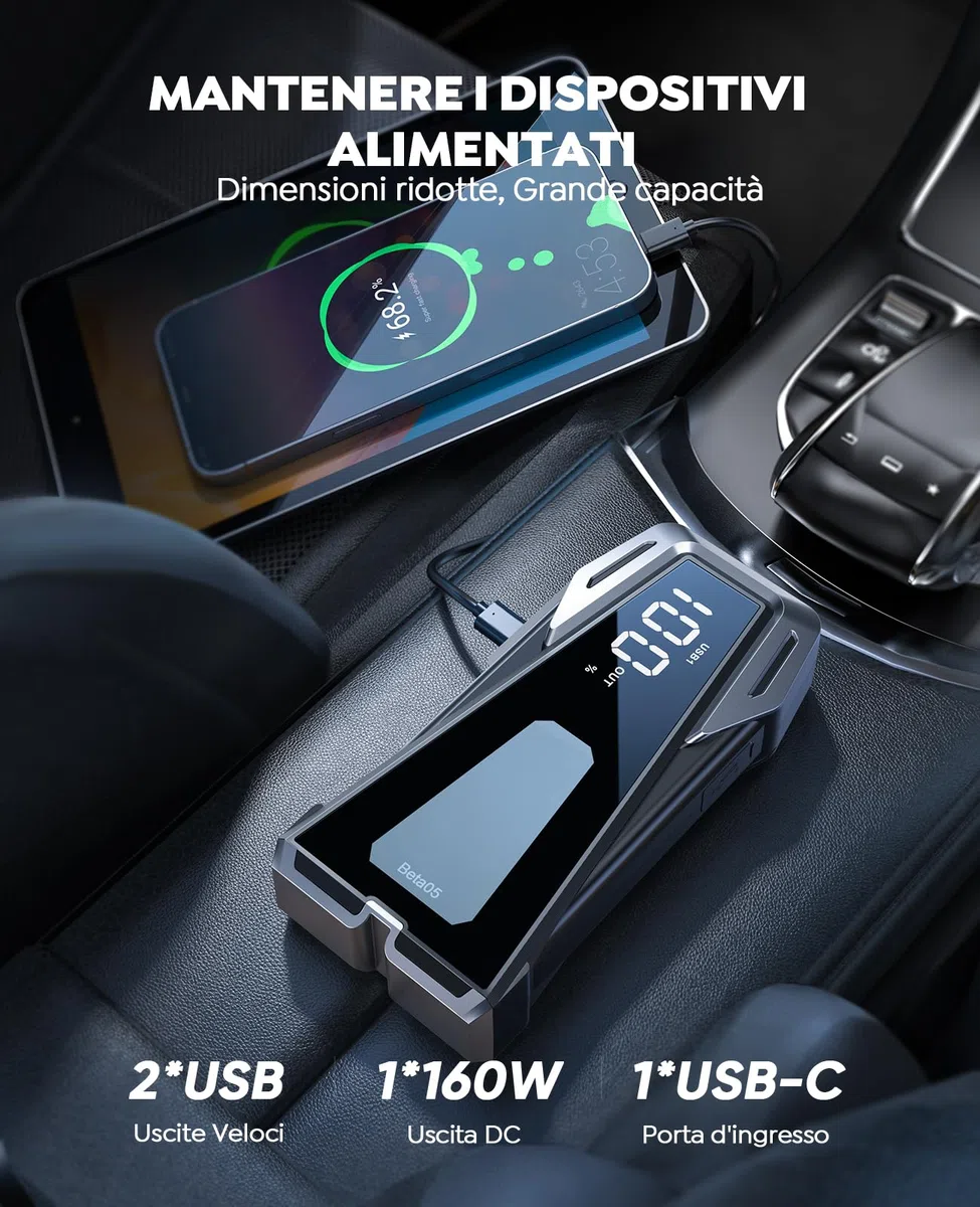 Booster Avviamento Auto da 5000A, 23800mAh Avviatore Batteria Auto per Tutti i Motori a Gas o 10.0L Diesel, Avviatore Emergenza per Auto/Moto con Torcia Portatile, Ricarica USB Rapida e 160W CC