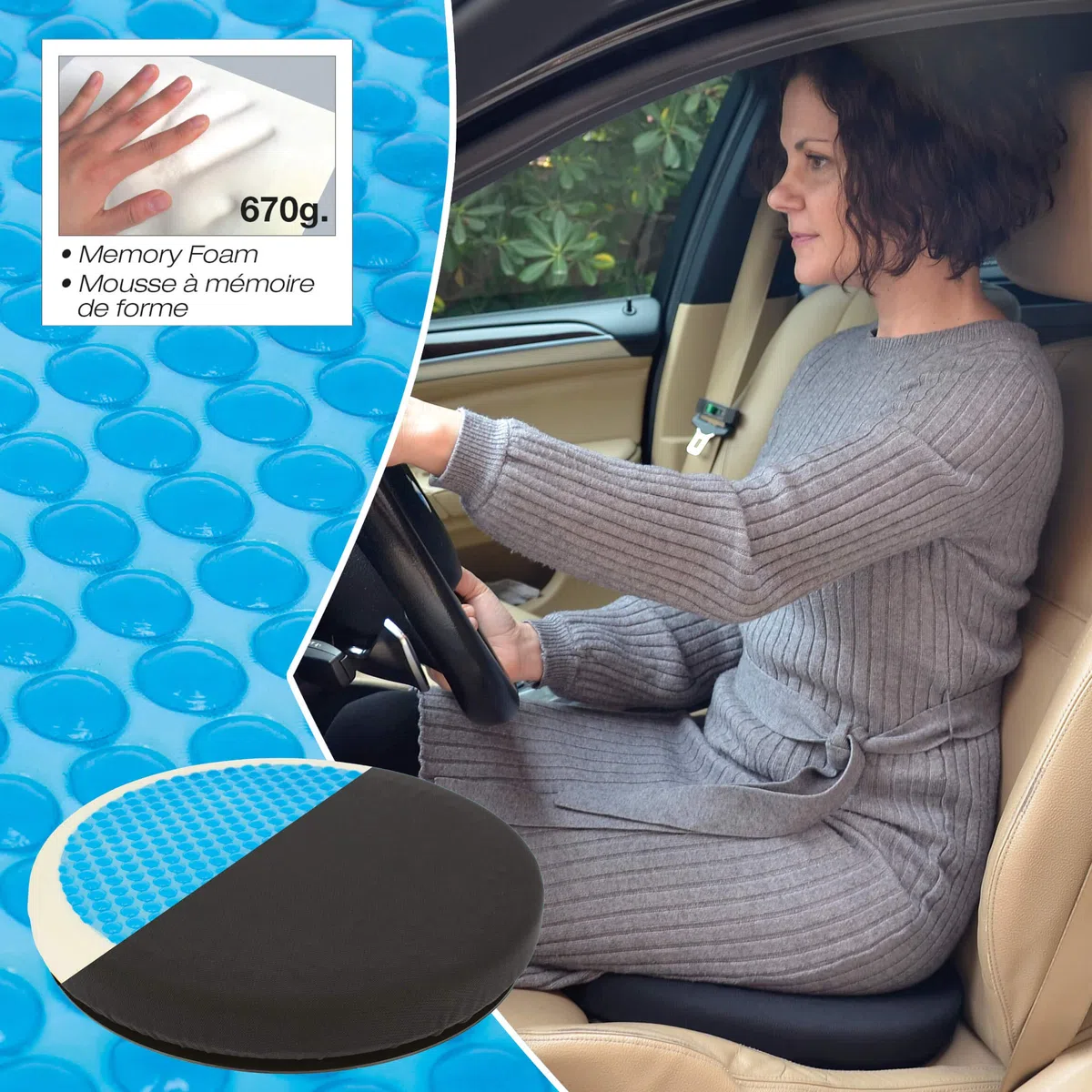 S SUMEX RK19009 - Cuscino rotondo girevole a 360 gradi, con gel e memory foam per auto, ufficio e tutti i tipi di sedili,