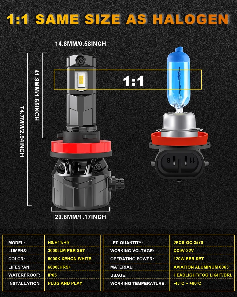 Lampadina LED H11 120W 30000LM, KATUR 700% Luminosità H11 LED Lampadine Plug and Play Mini Dimensione 1:1 H8 LED 6000K Bianco Xenon, 2 Lampadina H11 H8 H9 Abbagliante o Anabbagliante