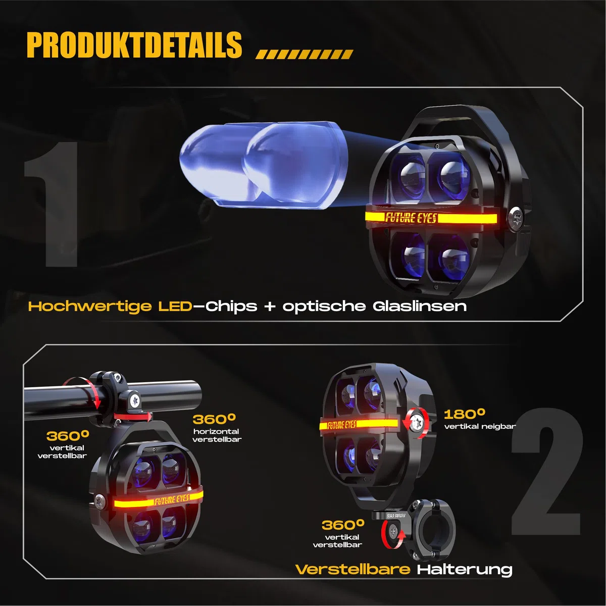 Future Eyes Fari Supplementari Moto, 180W 17500LM Faretti LED Moto, Fendinebbia Omologati ECE E57, Luci LED con Abbagliante e Fendinebbia, IP67 Impermeabile