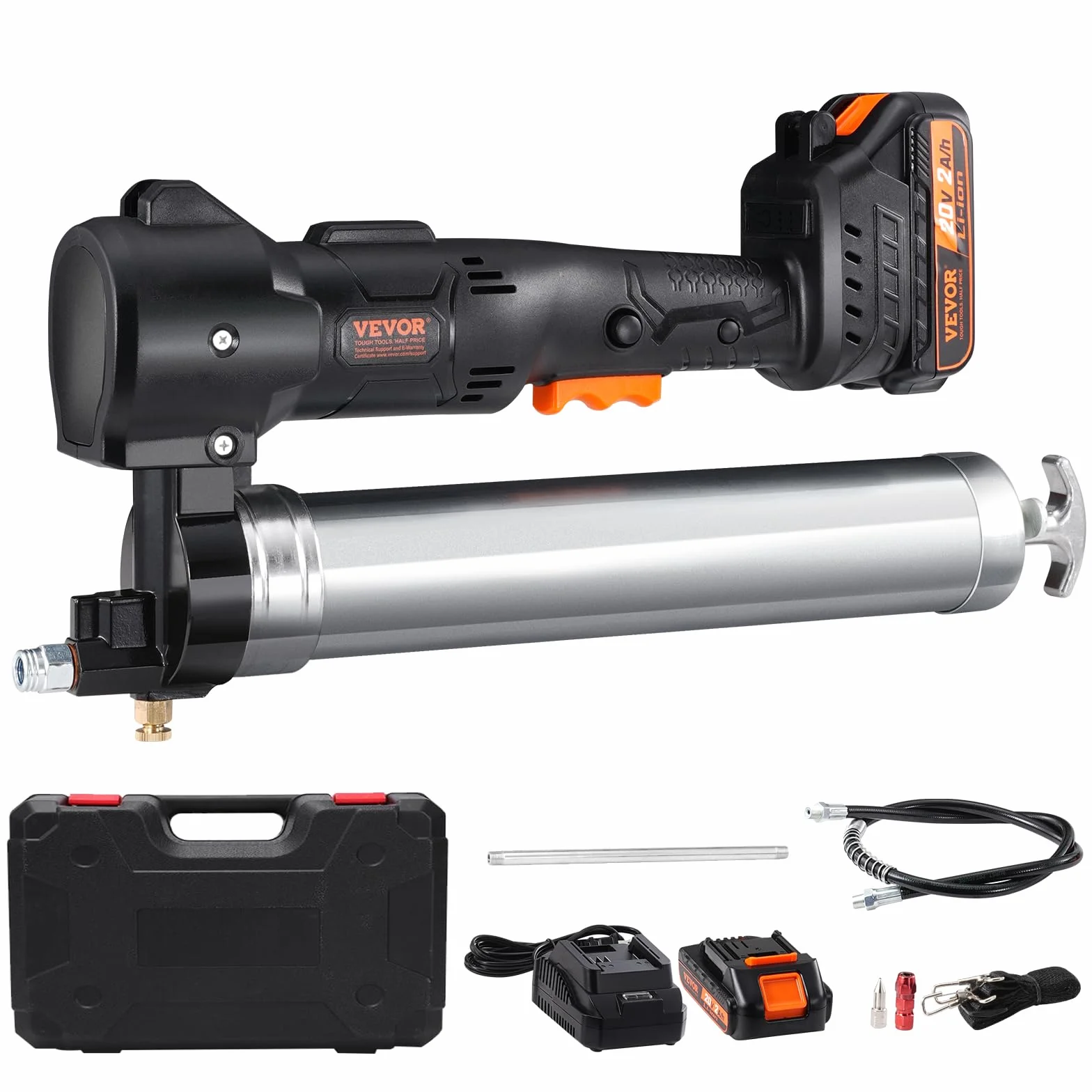 VEVOR Pistola Grasso a Batteria 20V Pressione Max. 10000 PSI, Kit di Ingrassatore Pistola per Grasso Elettrica Alimentata a Batteria ad Alta Pressione con Valigetta Portatile, Kit di Pistola Grasso
