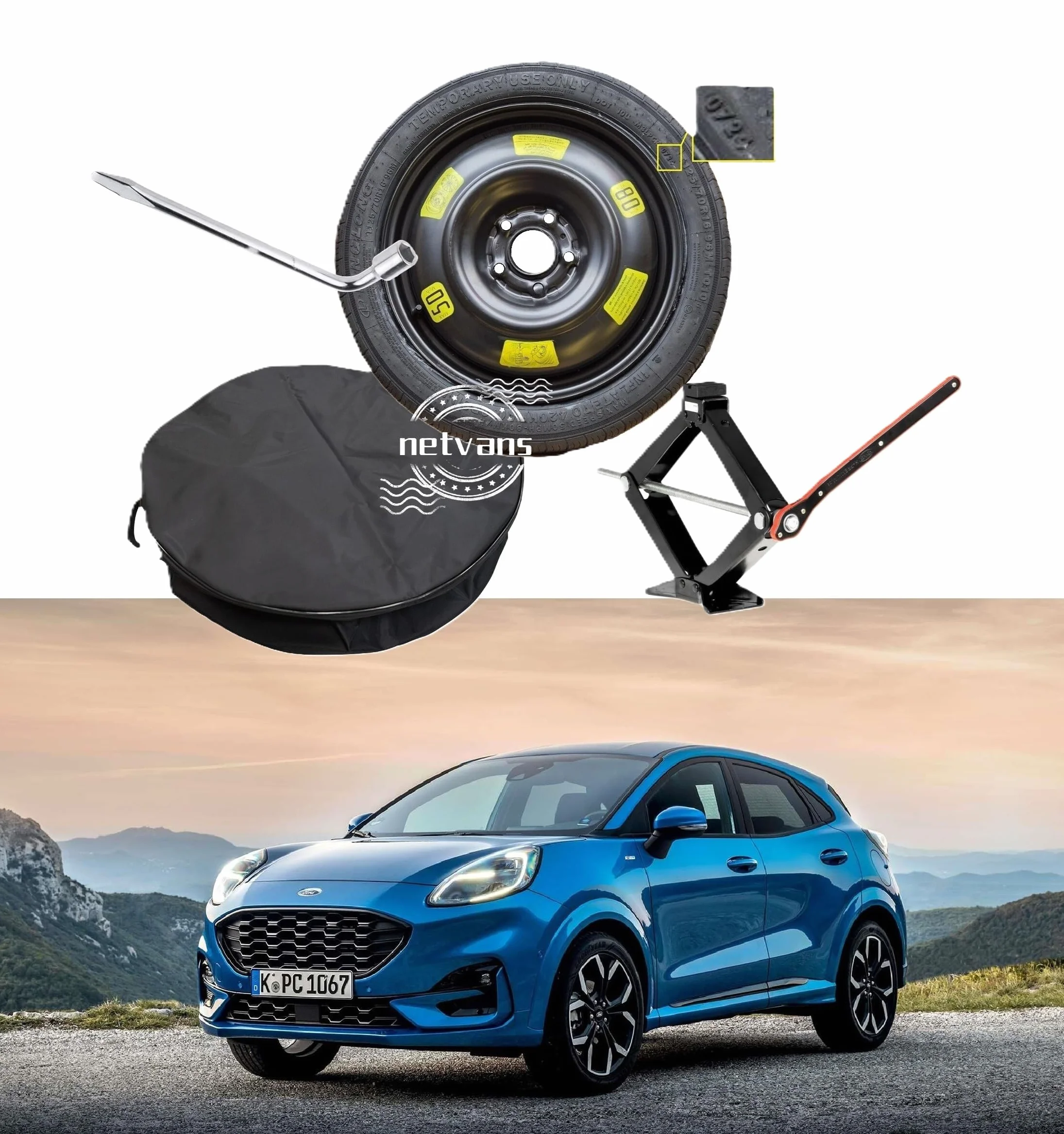 Kit Ruotino di Scorta 16" D'angelo compatibile con Ford Puma con Cric Chiave e Sacca OK MEGABOX