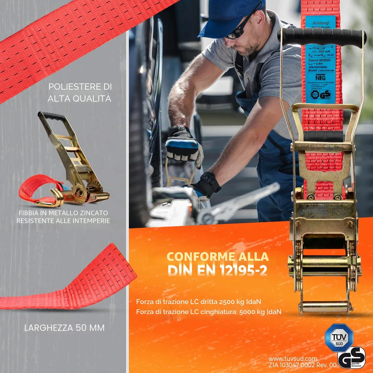 4 pezzi 5000kg 10m cinghie di fissaggio con cricchetto ERGO a leva lunga - testato TÜV/GS - cinghie a cricchetto a gancio cinghia di fissaggio 2 pezzi cinghia di fissaggio camion cinghie