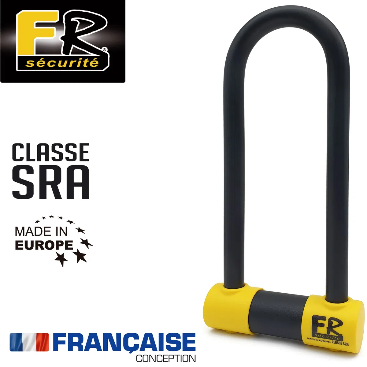 FR SECURITE FR85300 Lucchetto a U Alta Sicurezza Omologato SRA, Arco ø18 Acciaio Temperato Doppio Blocco Antigraffio, Serratura Antistrappo, U-lock Antifurto 85x300mm per Moto, Scooter, Bici