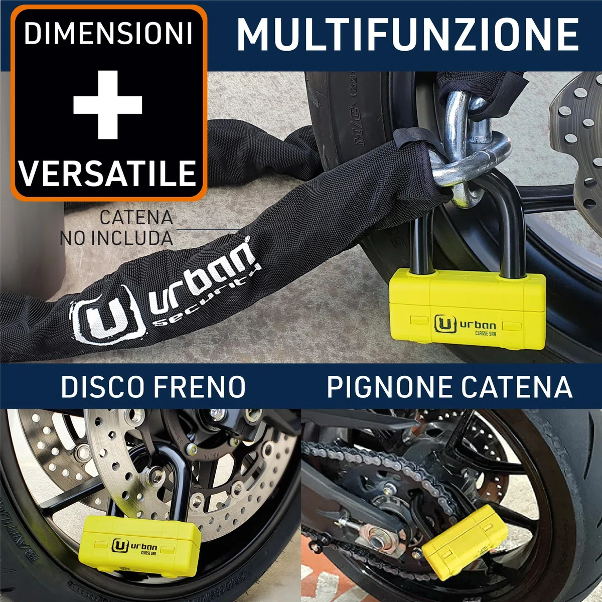 URBAN UR75 Antifurto Bloccadisco Moto Mini U Testato Massima Sicurezza, Omologato SRA, Arco in Acciaio Cementato ø18 con Doppia Chiusura, Più Versatile e Deterrente, Cavo Promemoria, Lucchetto Moto