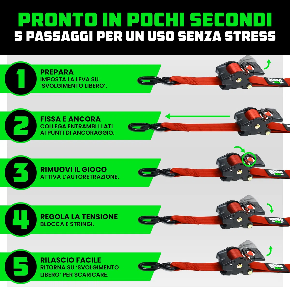 Rhino USA Cinghie di tensione retrattili con cricchetto da (confezione da 2) -1360 kg di carico di rottura, incluse (2) automatiche ultimate da 5.0 cm x 3 m con maniglie imbottite - Rossa