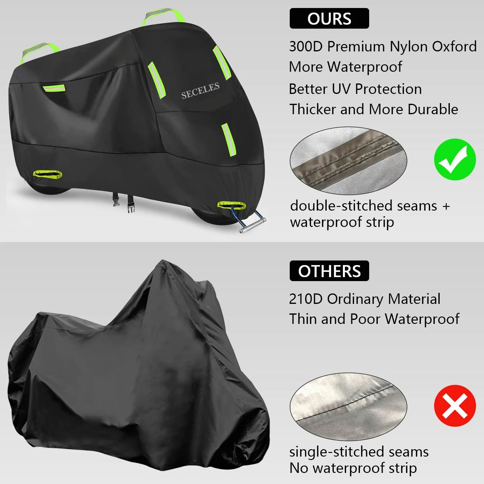 SECELES Telo Moto per Esterno Interno 300D Oxford, Telo Coprimoto Impermeabile con 7 strisce riflettenti e 2 fori di bloccaggio, Telone Moto per Scooter Motocicletta Motocross (XL: 230 x 95 x 125 cm)