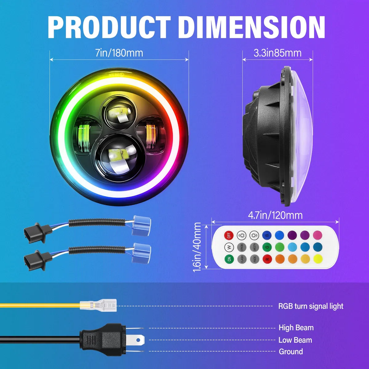 SKYWORLD 7 Pollici Rotonda Fari Led auto moto, 50W 5000LM Faro a LED Bianco RGB 4 modalità di Illuminazione Off Road Lights Fire Cross Hi/Lo Fascio Fari anteriori per Wrangler JK TJ LJ CJ Hummer