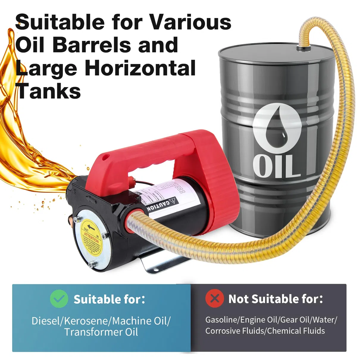 DOCAS 12V 175W Pompa Travaso per Diesel 45L/min, elettrica pompa,pompa di aspirazione dell'olio con Pistola, Filtro e Tubi per Diesel Kerosene