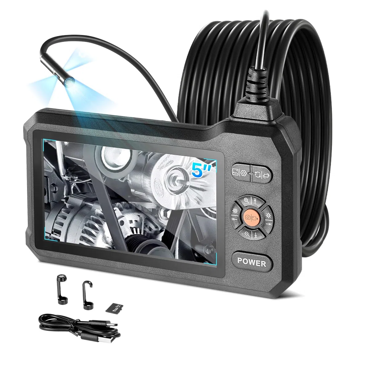 VEVOR Endoscopio Articolato a Tripla Lente, Telecamera Endoscopica Industriale con Luce, Schermo IPS HD da 5'', Zoom 8x, Risoluzione 1280 x 720, Cavo Impermeabile IP67 da 5 m, per Auto e Idraulica
