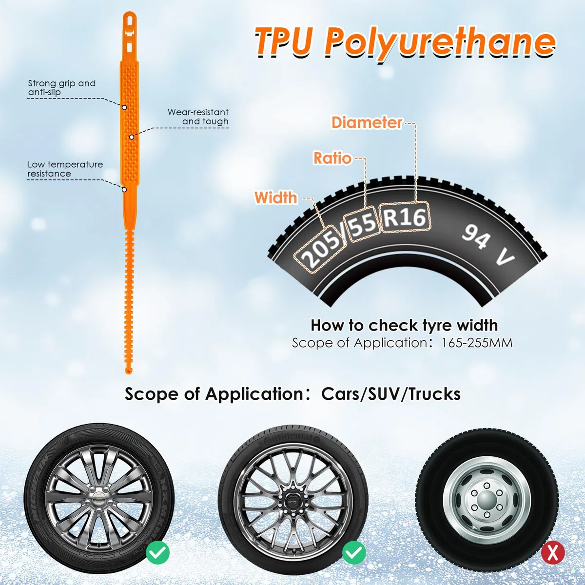 Catene da Neve per Auto Ninonly 10Pcs Riusabili Antiscivolo Catene Auto Universali per Veicolo Auto Camion SUV Adatte per Pneumatici Larghezza 165mm-255mm per Fango,Sabbia,Neve, Ghiaccio,Fuoristrada