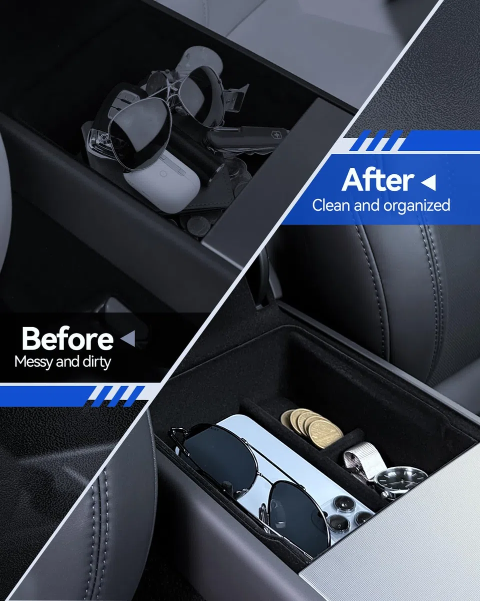 4 Pezzi Accessori per Tesla Model Y 2025-2026 Juniper Organizer Console Centrale, Vassoio Organizer in Silicone, Scatola Portaoggetti Bracciolo e Scatola Nascosta (Floccaggio)