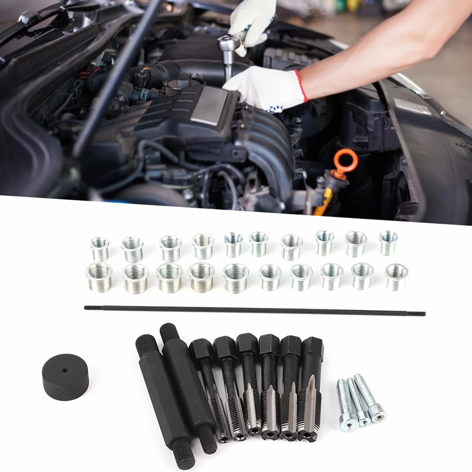 Kit di Riparazione Filettatura 33 Pezzi, Kit di Riparazione Testa Zigrinata per Candelette Set di Filettatura Candele Rimedio Rapido Ed Efficace con Adattatori Filettati di 4 Dimensioni,