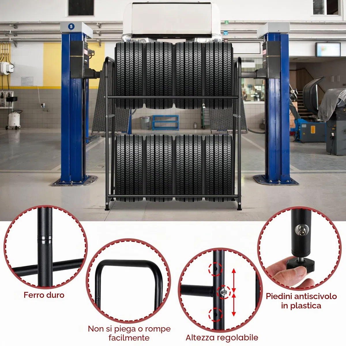 Supporto per 8 Pneumatici, Supporto per Gomme 107 x 46 x 117 cm, Supporto per Cerchi per Pneumatici Auto, Capacità di Carico 180 kg, Supporto per Cerchi con Copertura Protettiva, Regolabile in