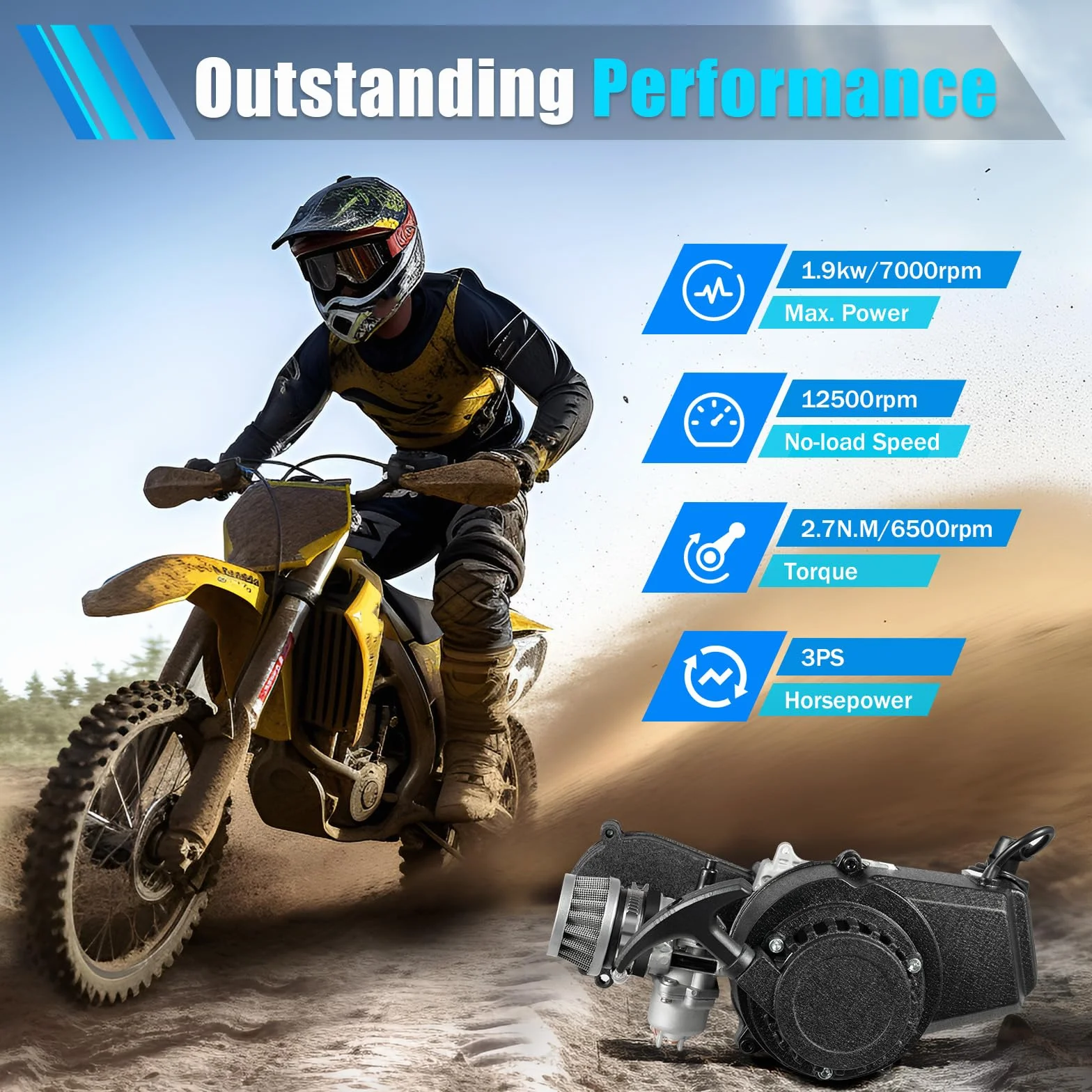 Motore 2 tempi 49 cc Pocket Bike con raffreddamento ad aria e carburatore, motore monocilindrico a benzina con avviamento a fune, potente kit motore per veicoli fuoristrada e scooter